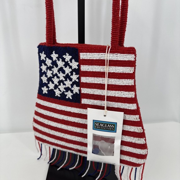 Sea Glass Collection New York Hong Kong Hand Beaded American Flag Fringe Bag NEW - Picture 4 of 13